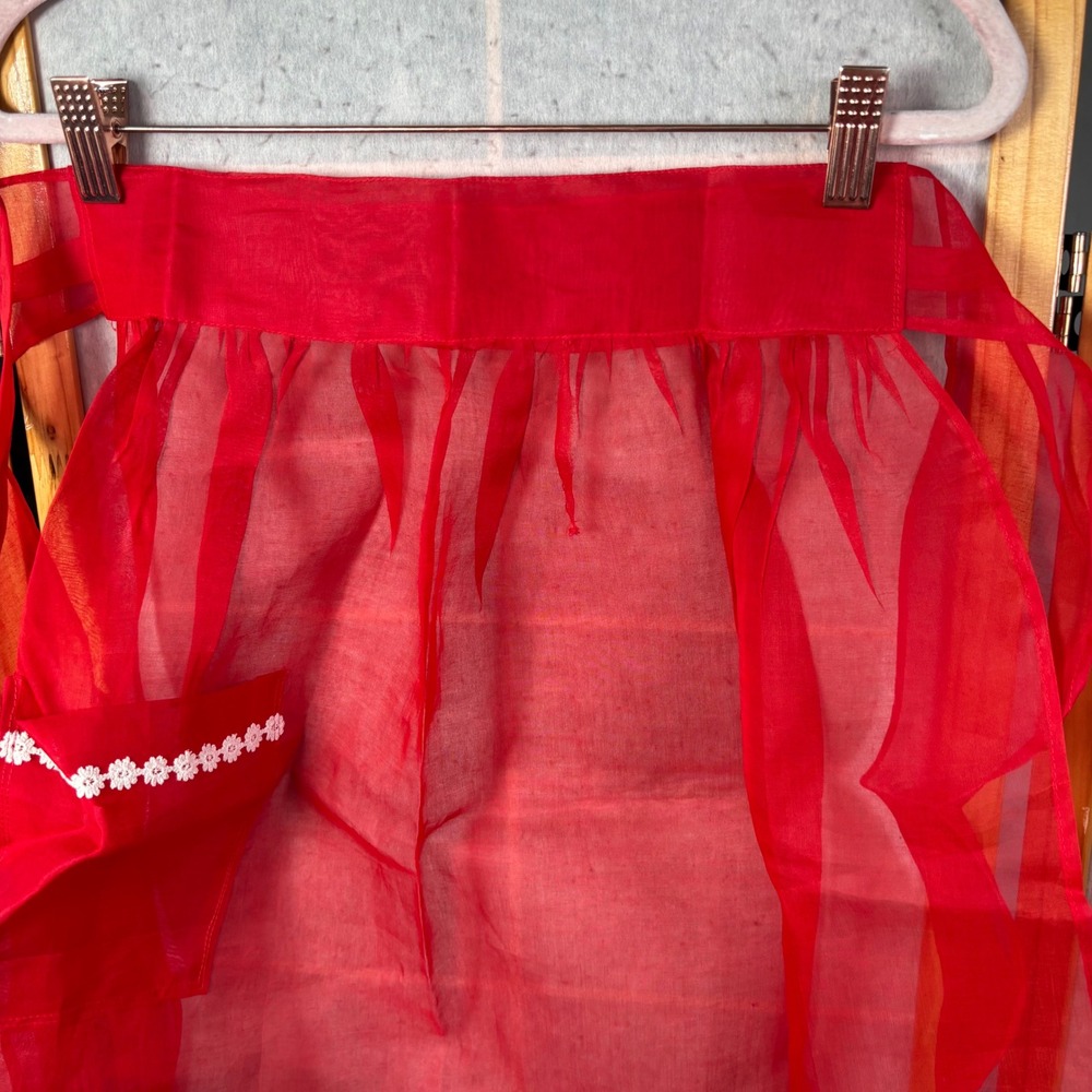 Vintage Half Apron Red Sheer Organza Floral Lace Trim Pocket 1950s Hostess - Picture 2 of 7